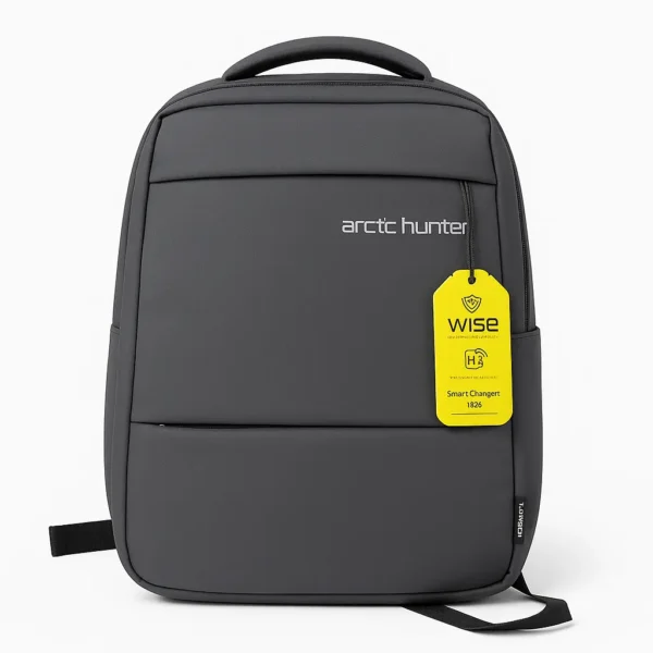 The image shows a sleek, modern backpack branded "arctic hunter." It is primarily dark grey in color and features a minimalist design with smooth lines and a front zippered pocket. Attached to the backpack is a bright yellow tag labeled "WISE," which also includes the text: “Smart Changert 1826” “H3” (with a shield icon) “LED & EXPANDABLE LAPTOP BAG” This appears to be a smart backpack possibly designed for tech-savvy users, potentially offering features like LED indicators, USB charging, or expandable compartments. Let me know if you’d like a deeper analysis of its features or where to find it.
