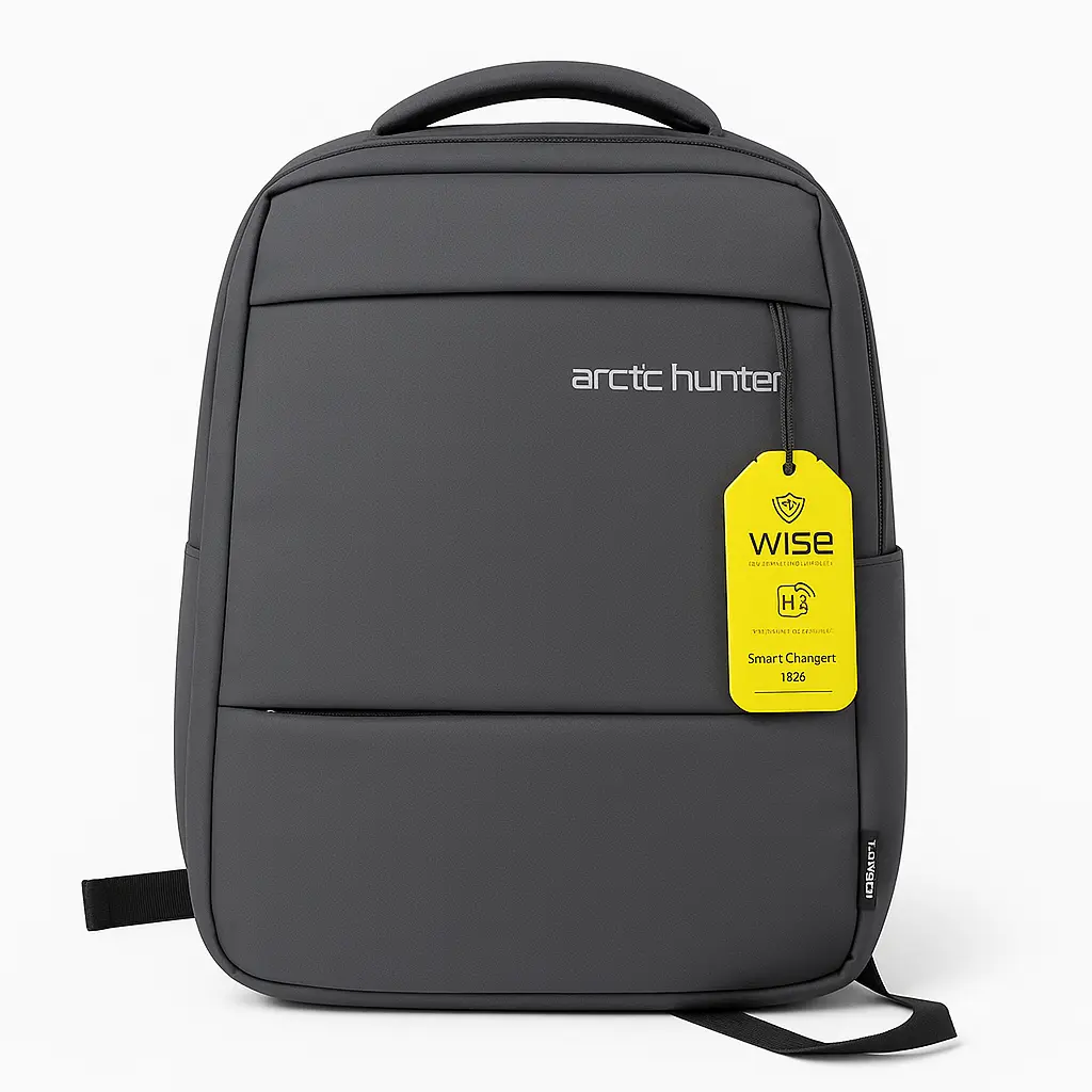 The image shows a sleek, modern backpack branded "arctic hunter." It is primarily dark grey in color and features a minimalist design with smooth lines and a front zippered pocket. Attached to the backpack is a bright yellow tag labeled "WISE," which also includes the text: “Smart Changert 1826” “H3” (with a shield icon) “LED & EXPANDABLE LAPTOP BAG” This appears to be a smart backpack possibly designed for tech-savvy users, potentially offering features like LED indicators, USB charging, or expandable compartments. Let me know if you’d like a deeper analysis of its features or where to find it.